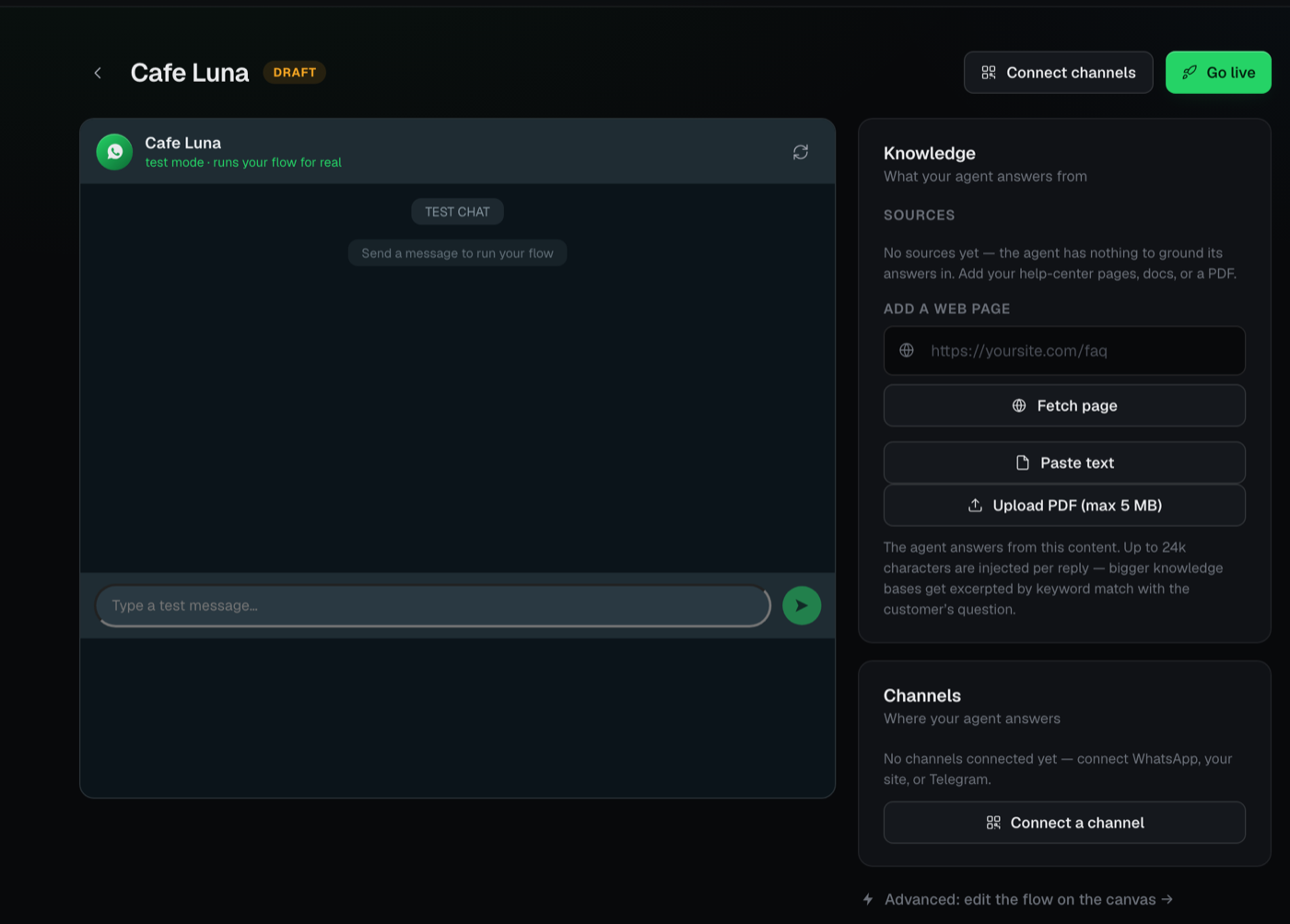 Um agente Zapito recém-gerado, com chat de teste, fontes de conhecimento e canais conectados